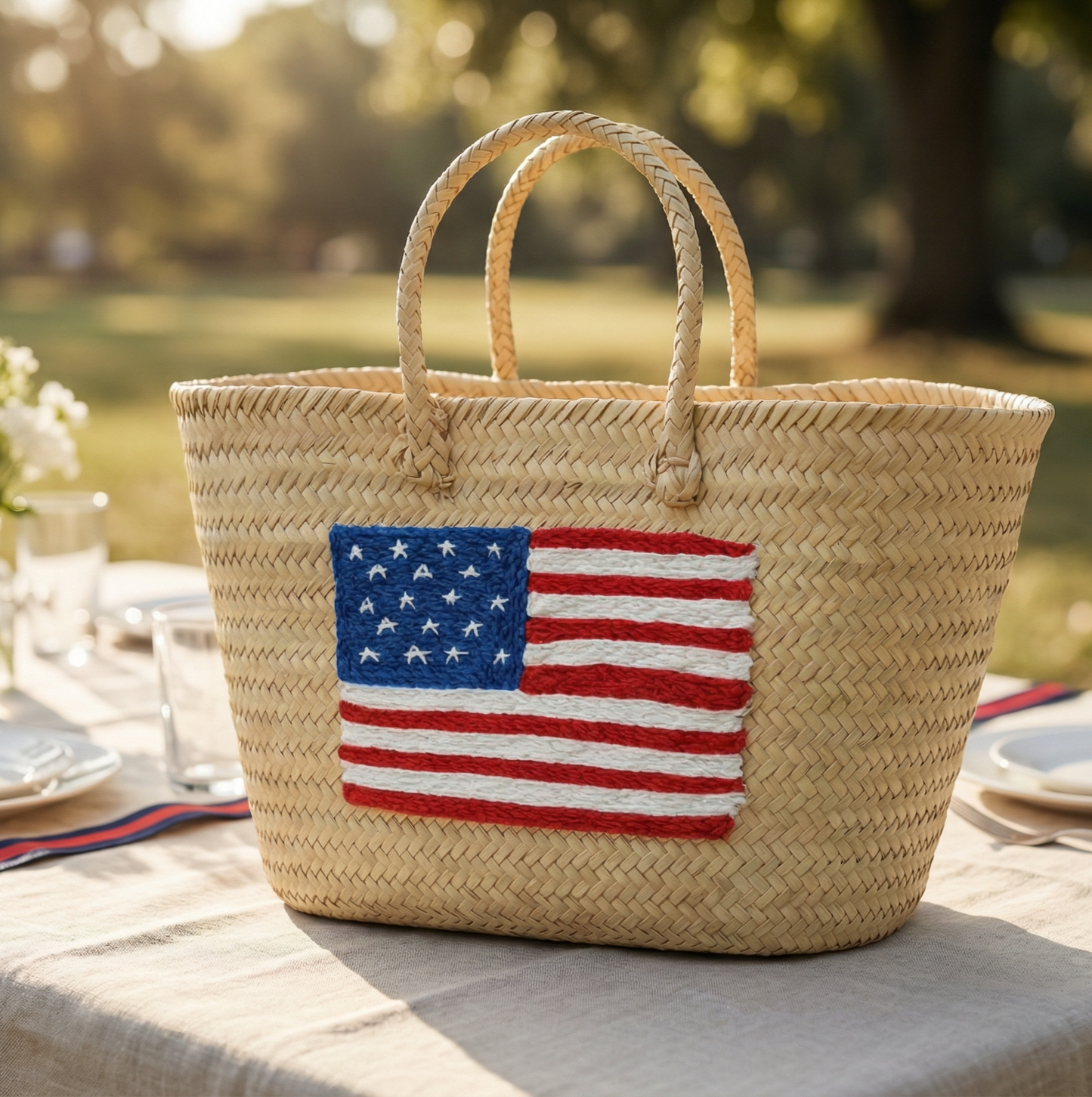 Moroccan Straw Tote with USA Flag – Beach & Market Bag