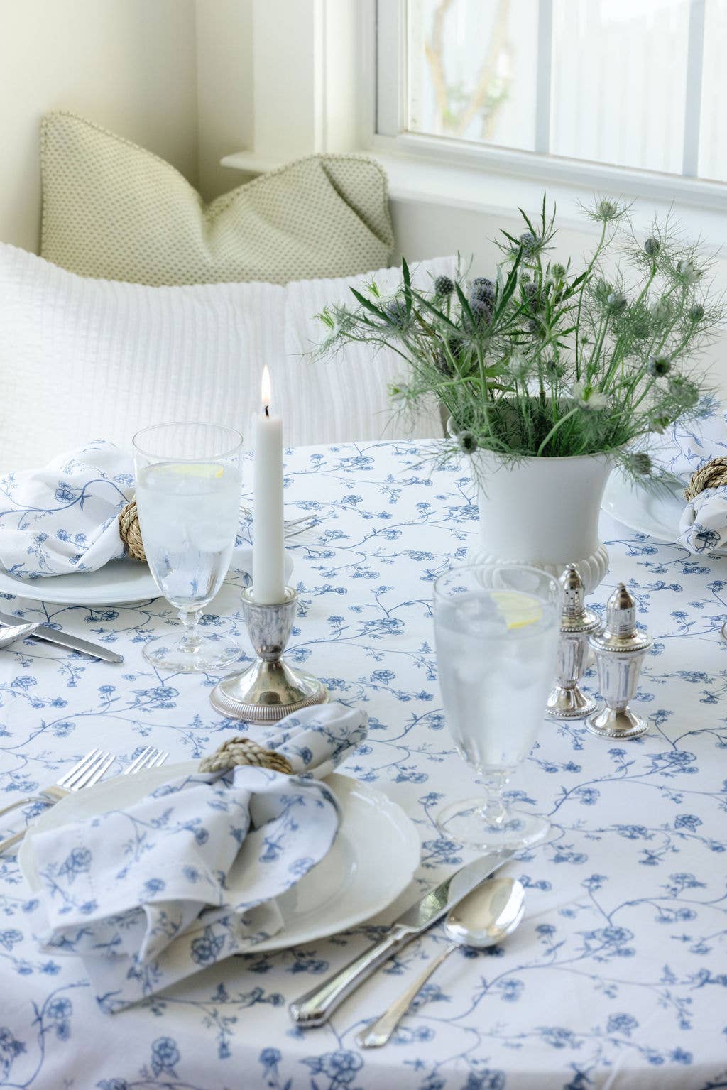 Delft Blue Floral Cotton Tablecloth, Coastal Summer Decor: Garden Vine Delft Blue / 66 x 120 inches