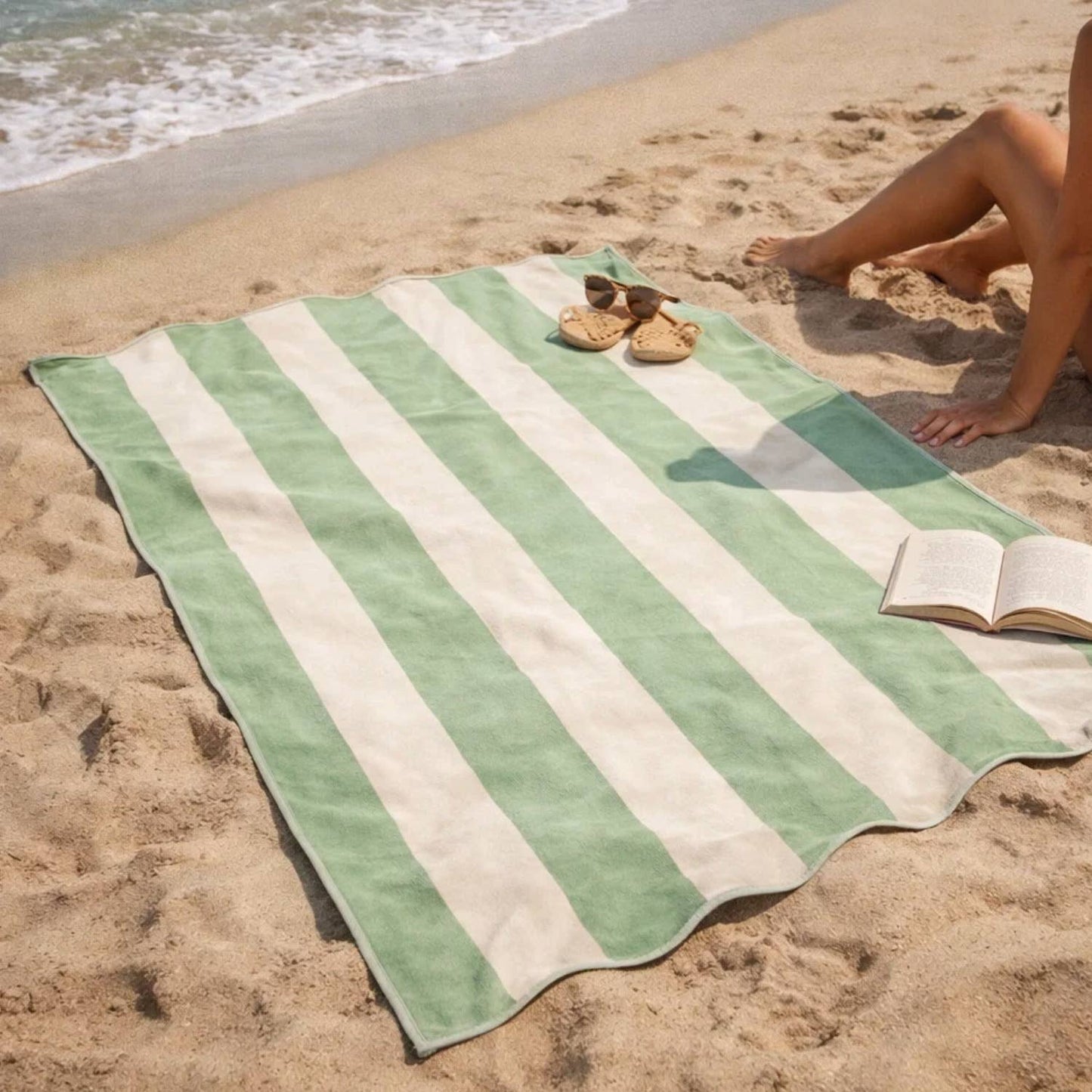 Large Scalloped Striped Beach Towel 90 x 170cm - 100% Cotton: Ice Blue