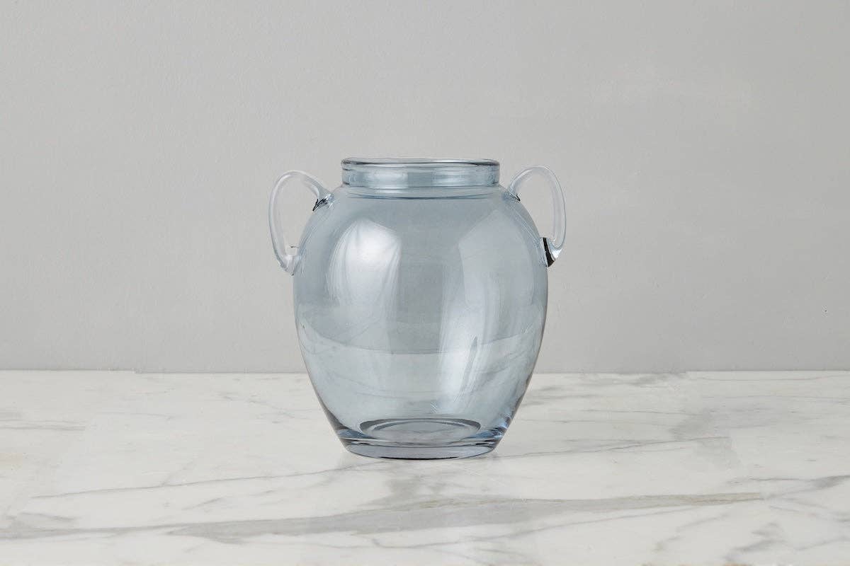 Denim Blue Glass Amphora Flower Vase with Handles, Small