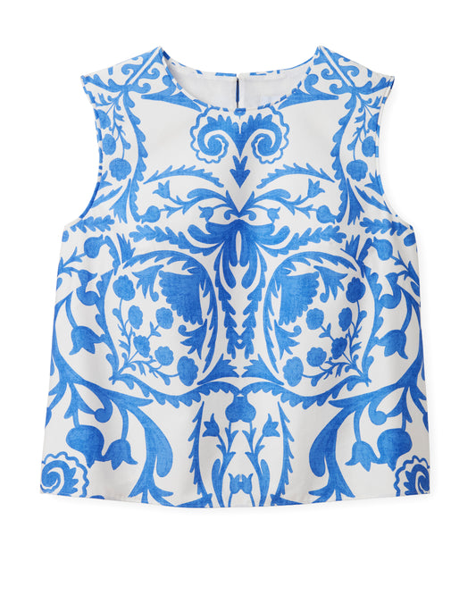 Linda Shell Top-Faraway Print-Provence Blue