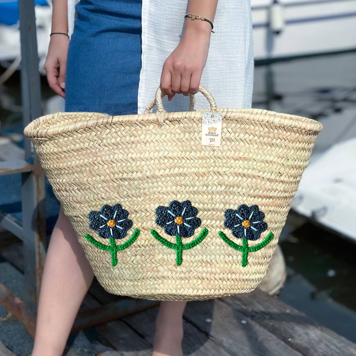 Handwoven Daisy Flower Basket - Stylish Summer bag: Medium