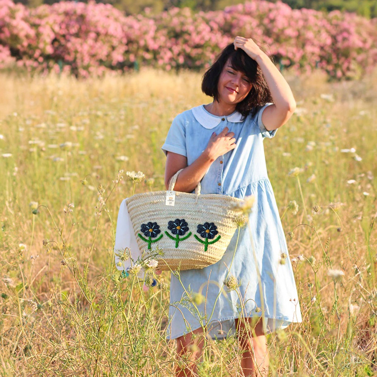 Handwoven Daisy Flower Basket - Stylish Summer bag: Medium