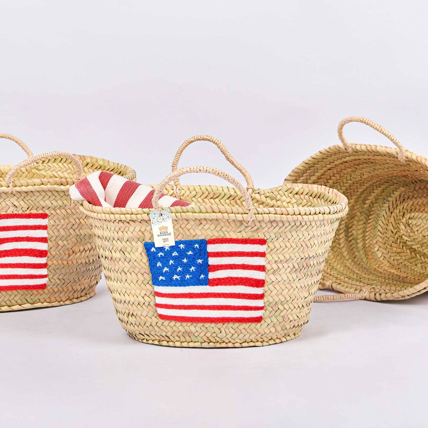 Handcrafted Woven Straw Bag with US Flag - Patriotic Tote : NO LINING