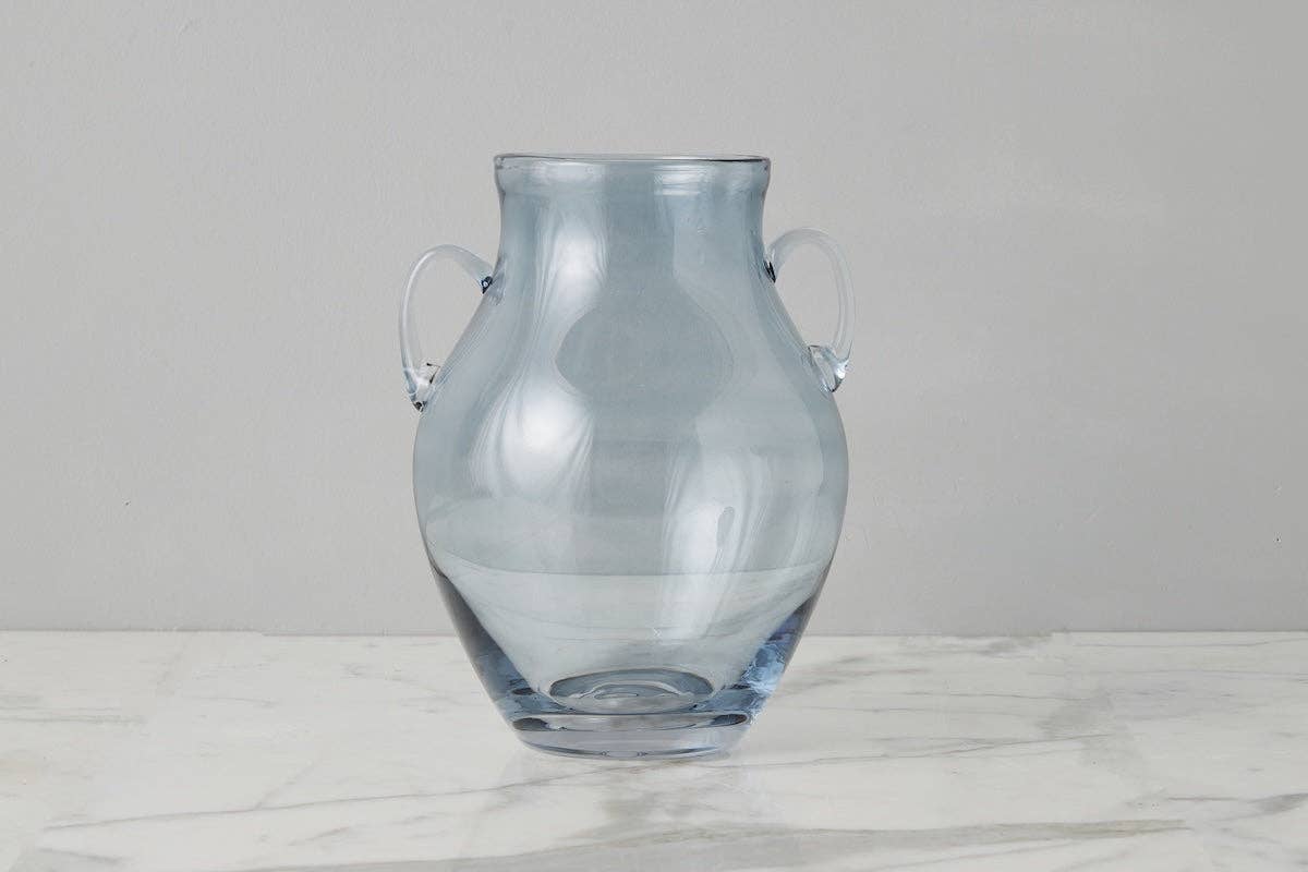 Denim Blue Glass Amphora Flower Vase with Handles, Medium