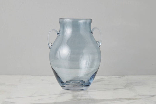 Denim Blue Glass Amphora Flower Vase with Handles, Medium