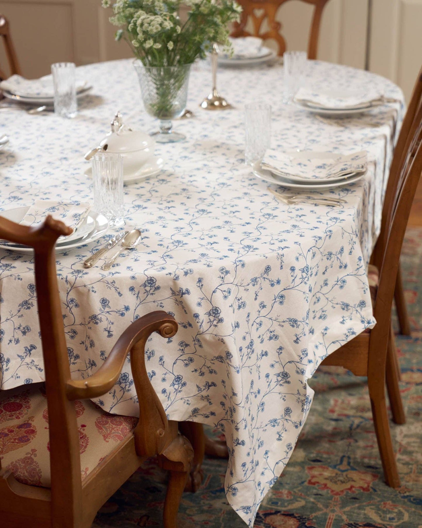 Delft Blue Floral Cotton Tablecloth, Coastal Summer Decor: Garden Vine Delft Blue / 66 x 120 inches