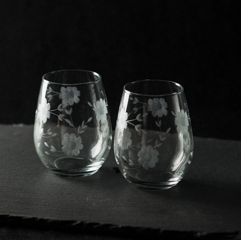 Hand Engraved Stemless Floral Wine Glasses - Set of 2