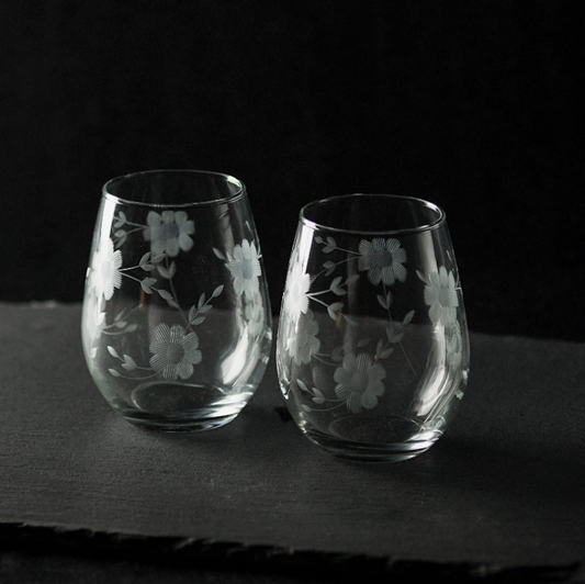 Hand Engraved Stemless Floral Wine Glasses - Set of 2