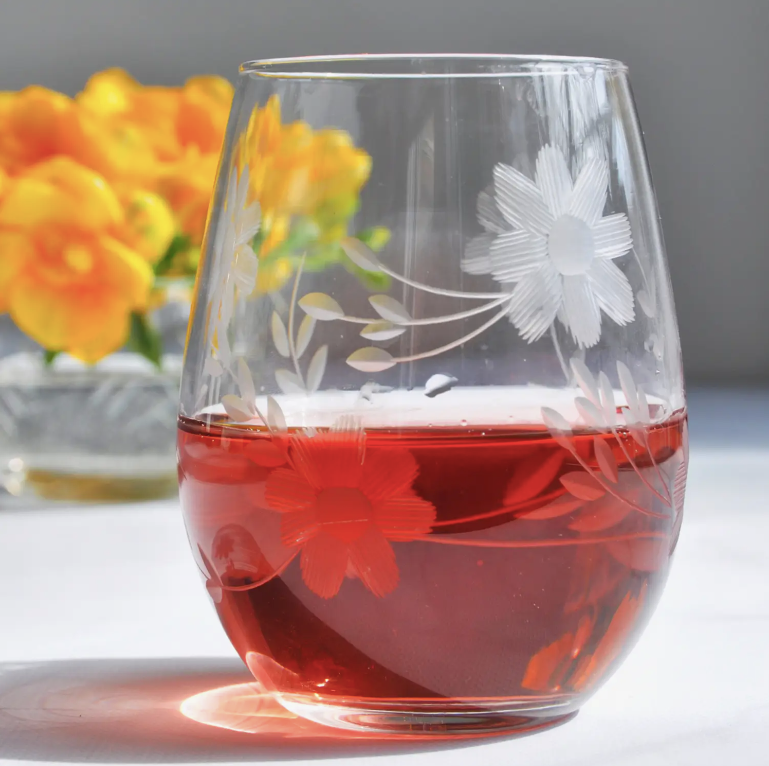 Hand Engraved Stemless Floral Wine Glasses - Set of 2